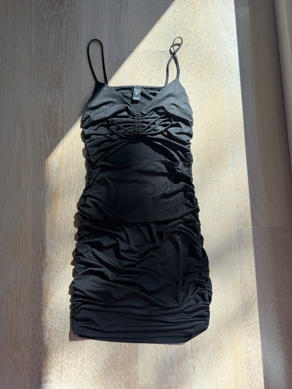 Windsor Ruched Bodycon Mini Dress Black — Size S, Drawstring Bust Cutout